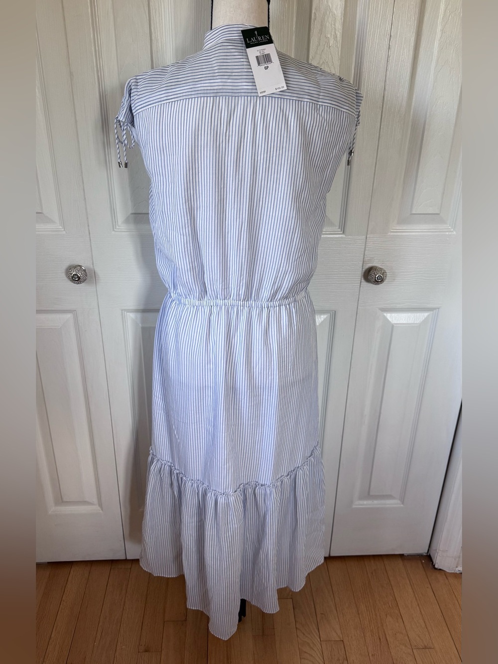 Ralph Lauren Light Blue and White Striped Drawstring Midi Dress - Picture 4 of 10